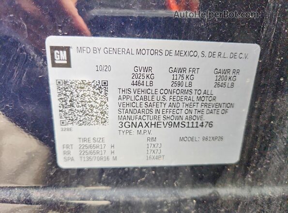 3GNAXHEV9MS111476 2021 CHEVROLET EQUINOX Blue Vista de la etiqueta del VIN