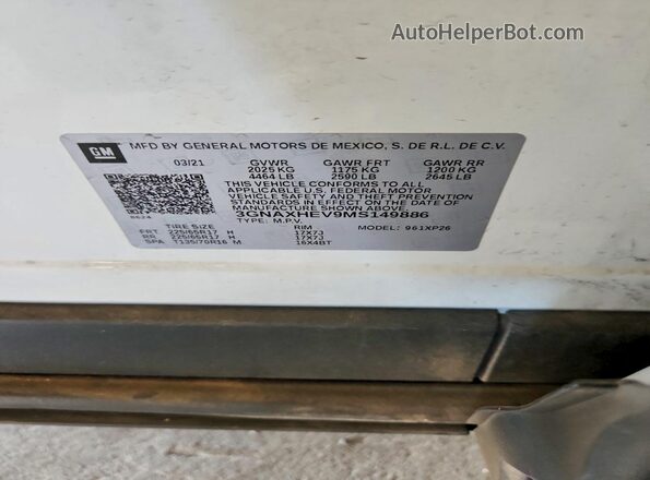 3GNAXHEV9MS149886 2021 CHEVROLET EQUINOX White VIN კოდის სტიკერის ხედი