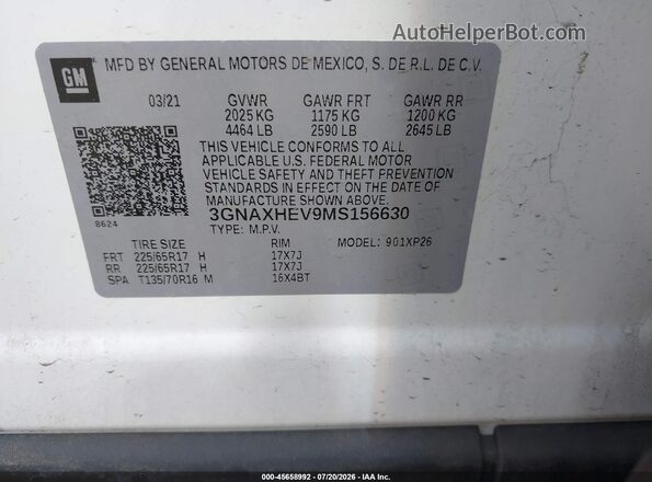 3GNAXHEV9MS156630 2021 CHEVROLET EQUINOX White Vista del compartimento del motor