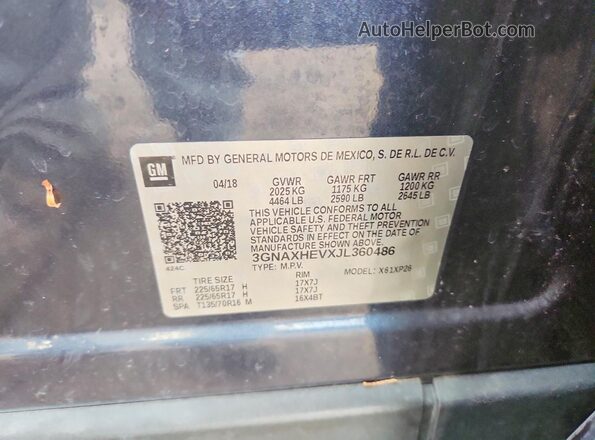 3GNAXHEVXJL360486 2018 CHEVROLET EQUINOX Синий Вид наклейки с VIN-кодом
