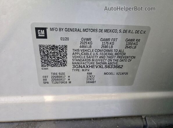 3GNAXHEVXLS633662 2020 CHEVROLET EQUINOX Silver VIN კოდის სტიკერის ხედი