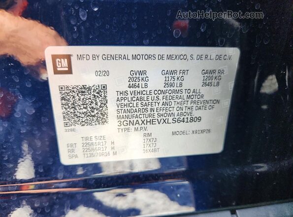 3GNAXHEVXLS641809 2020 CHEVROLET EQUINOX Blue Widok wnętrza 360 stopni