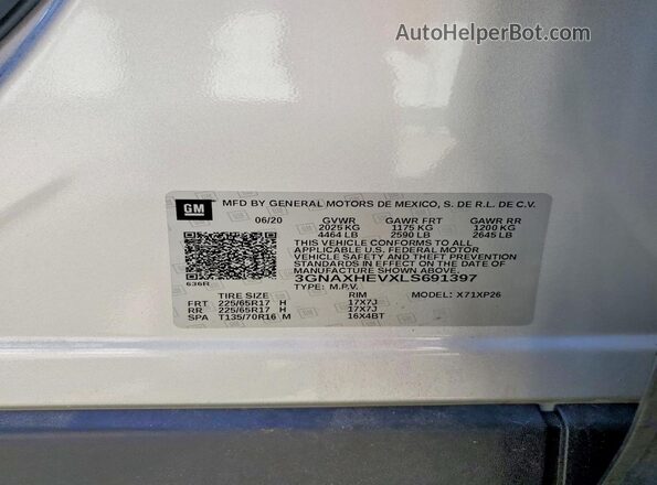 3GNAXHEVXLS691397 2020 CHEVROLET EQUINOX Silver Вид наклейки з VIN-кодом