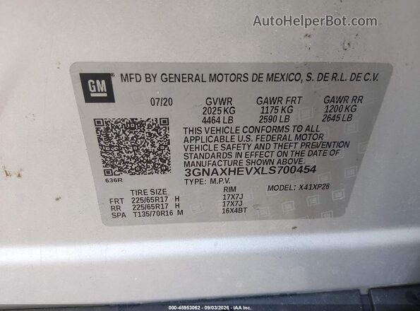 3GNAXHEVXLS700454 2020 CHEVROLET EQUINOX Gray Vista del compartimento del motor