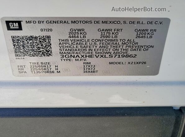 3GNAXHEVXLS719862 2020 CHEVROLET EQUINOX White 