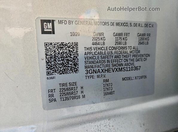 3GNAXHEVXMS110367 2021 CHEVROLET EQUINOX Silver VIN կոդի պիտակի տեսք