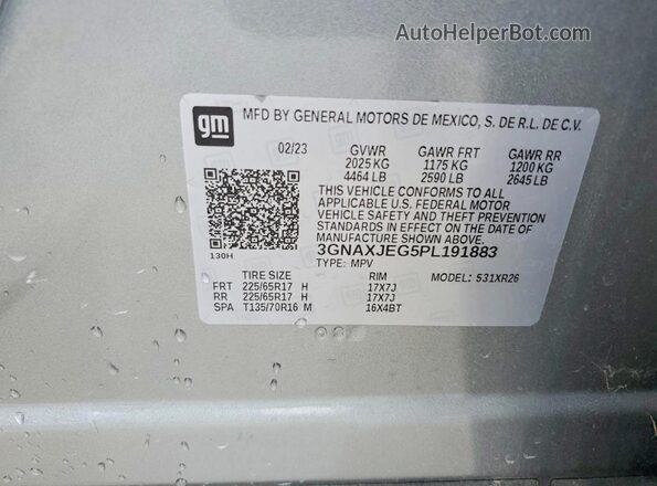 3GNAXJEG5PL191883 2023 CHEVROLET EQUINOX Серый Вид наклейки с VIN-кодом