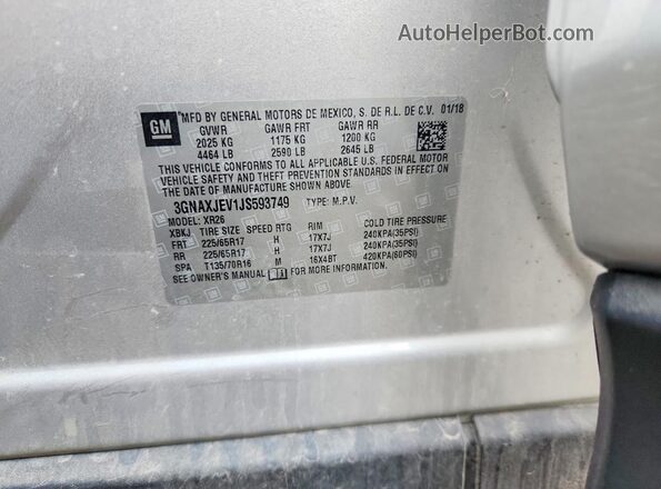 3GNAXJEV1JS593749 2018 CHEVROLET EQUINOX Silver Вид підкапотного простору