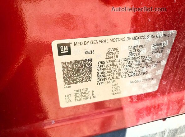 3GNAXJEV1JS642299 2018 CHEVROLET EQUINOX Red VIN კოდის სტიკერის ხედი