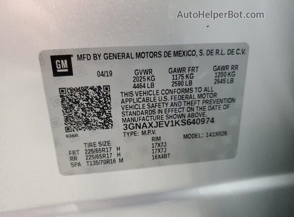 3GNAXJEV1KS640974 2019 CHEVROLET EQUINOX Серебряный Вид подкапотного пространства