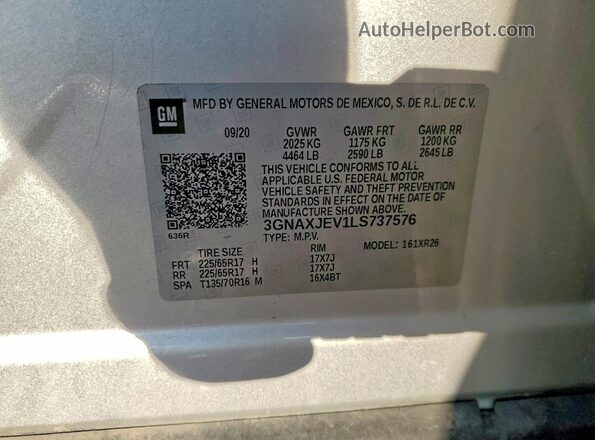 3GNAXJEV1LS737576 2020 CHEVROLET EQUINOX Silver VIN կոդի պիտակի տեսք