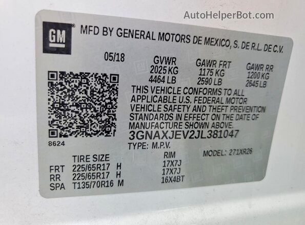 3GNAXJEV2JL381047 2018 CHEVROLET EQUINOX White Vista interior de 360 grados