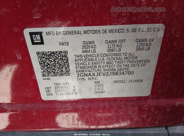 3GNAXJEV2JS634700 2018 CHEVROLET EQUINOX Burgundy Vista del compartimento del motor