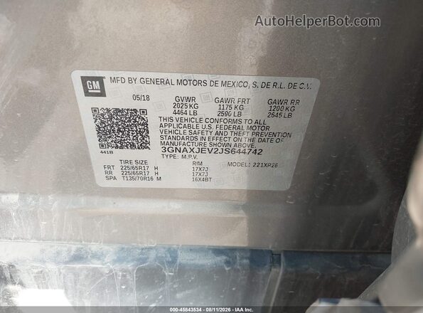 3GNAXJEV2JS644742 2018 CHEVROLET EQUINOX Gray Vista del compartimento del motor