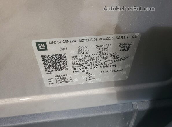 3GNAXJEV2JS648144 2018 CHEVROLET EQUINOX Gray Engine compartment view
