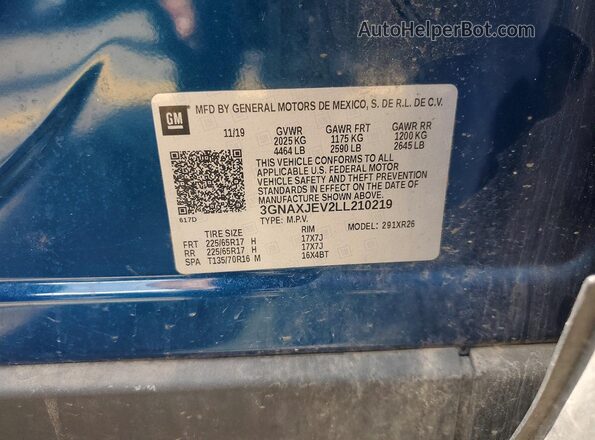 3GNAXJEV2LL210219 2020 CHEVROLET EQUINOX Blue Вид наклейки з VIN-кодом