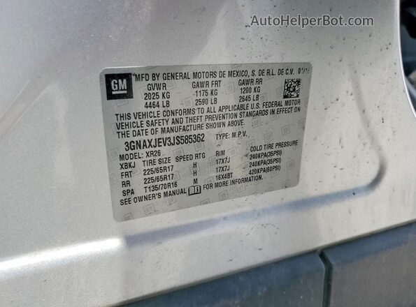 3GNAXJEV3JS585362 2018 CHEVROLET EQUINOX Серебряный Панорамный вид салона 360°
