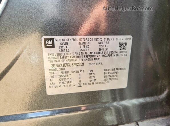 3GNAXJEV3JS592859 2018 CHEVROLET EQUINOX Gray Widok naklejki z numerem VIN