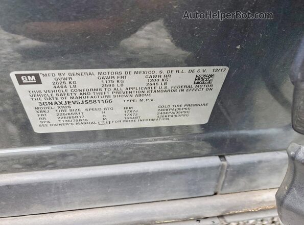3GNAXJEV5JS581166 2018 CHEVROLET EQUINOX Серый Вид наклейки с VIN-кодом
