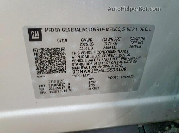 3GNAXJEV6LS503109 2020 CHEVROLET EQUINOX Silver Widok naklejki z numerem VIN