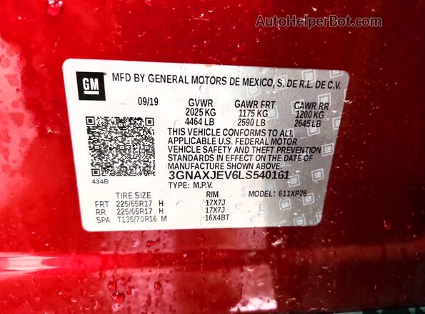 3GNAXJEV6LS540161 2020 CHEVROLET EQUINOX Burgundy Вид наклейки з VIN-кодом