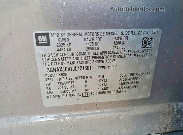 3GNAXJEV7JL121601 2018 CHEVROLET EQUINOX Gray Widok naklejki z numerem VIN