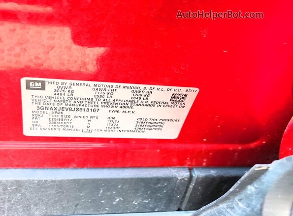 3GNAXJEV8JS513167 2018 CHEVROLET EQUINOX Red Vista de la etiqueta del VIN