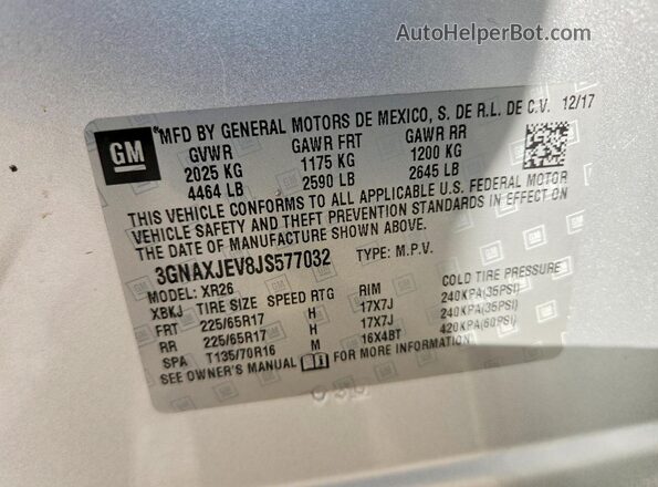 3GNAXJEV8JS577032 2018 CHEVROLET EQUINOX Silver Widok naklejki z numerem VIN