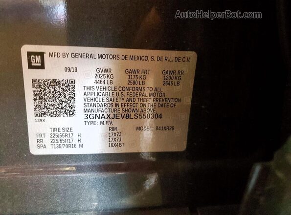 3GNAXJEV8LS550304 2020 CHEVROLET EQUINOX Gray Widok naklejki z numerem VIN