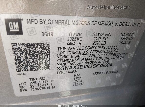 3GNAXJEV9JS638694 2018 CHEVROLET EQUINOX Серый Вид подкапотного пространства