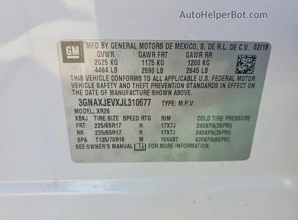 3GNAXJEVXJL310677 2018 CHEVROLET EQUINOX Белый Вид наклейки с VIN-кодом