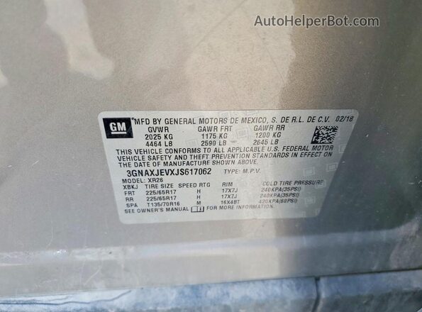 3GNAXJEVXJS617062 2018 CHEVROLET EQUINOX Gray Vista de la etiqueta del VIN