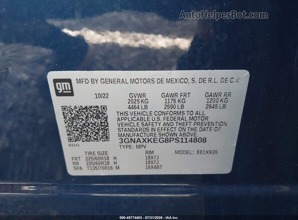 3GNAXKEG8PS114808 2023 CHEVROLET EQUINOX Синий Вид наклейки с VIN-кодом
