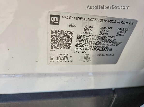 3GNAXKEGXPL183946 2023 CHEVROLET EQUINOX White VIN კოდის სტიკერის ხედი