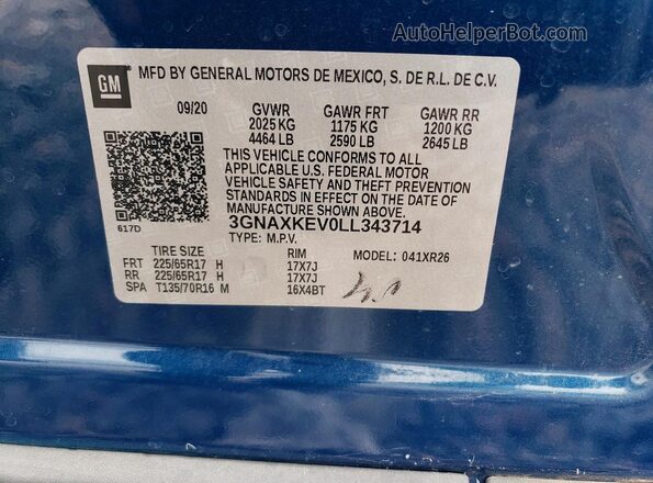 3GNAXKEV0LL343714 2020 CHEVROLET EQUINOX Blue Շարժիչի բաժամունքի տեսք