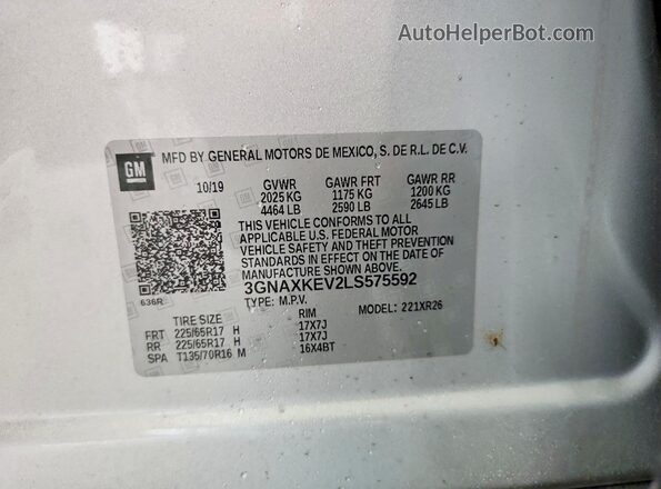 3GNAXKEV2LS575592 2020 CHEVROLET EQUINOX Silver Вид підкапотного простору