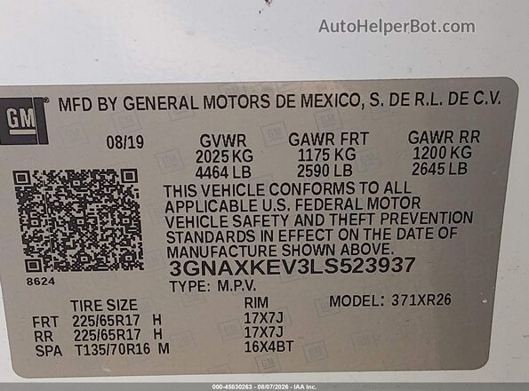 3GNAXKEV3LS523937 2020 CHEVROLET EQUINOX White Vista del compartimento del motor