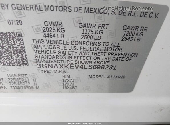 3GNAXKEV4LS698231 2020 CHEVROLET EQUINOX White Engine compartment view