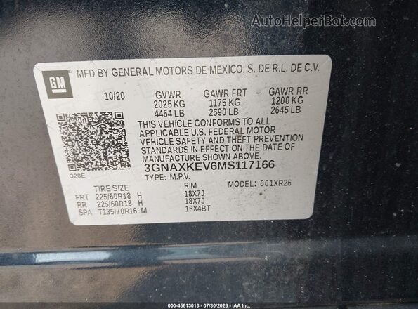 3GNAXKEV6MS117166 2021 CHEVROLET EQUINOX Blue Widok komory silnika