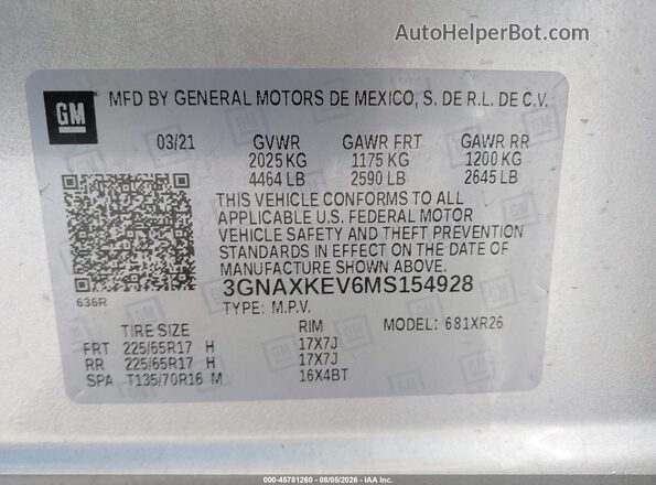 3GNAXKEV6MS154928 2021 CHEVROLET EQUINOX Silver Widok komory silnika