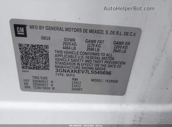 3GNAXKEV7LS545696 2020 CHEVROLET EQUINOX White Engine compartment view