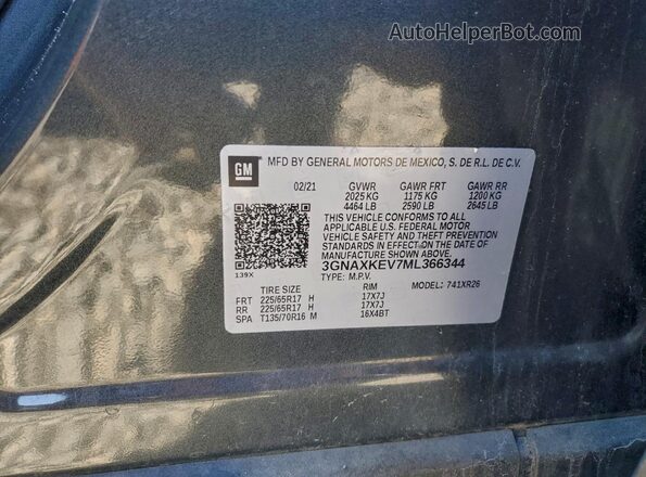 3GNAXKEV7ML366344 2021 CHEVROLET EQUINOX Серый 