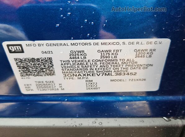 3GNAXKEV7ML383452 2021 CHEVROLET EQUINOX Blue Vista de la etiqueta del VIN
