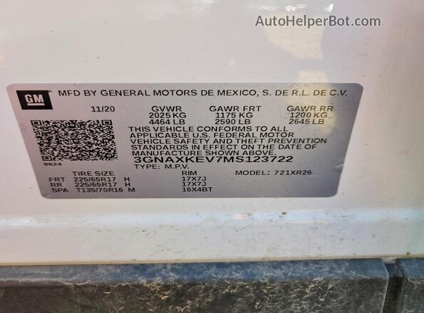 3GNAXKEV7MS123722 2021 CHEVROLET EQUINOX White Widok naklejki z numerem VIN