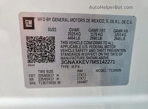 3GNAXKEV7MS142271 2021 CHEVROLET EQUINOX White Вид наклейки з VIN-кодом
