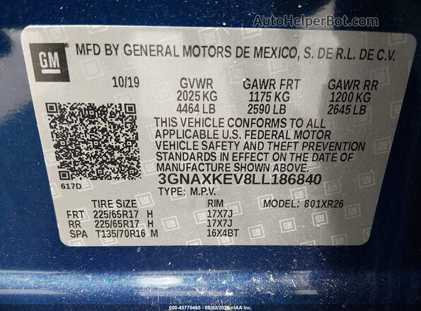 3GNAXKEV8LL186840 2020 CHEVROLET EQUINOX Blue Engine compartment view