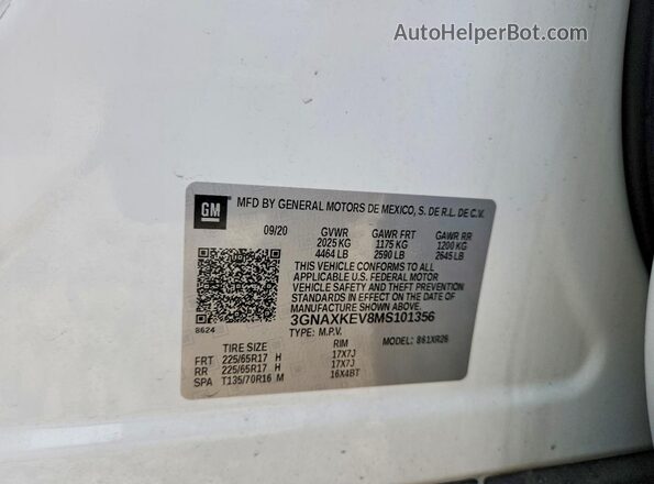 3GNAXKEV8MS101356 2021 CHEVROLET EQUINOX White Vista de la etiqueta del VIN