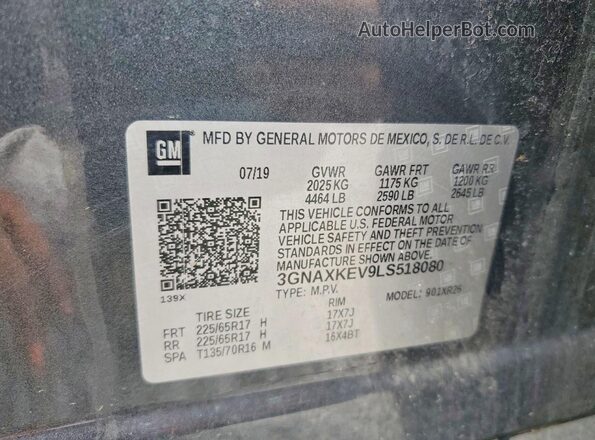 3GNAXKEV9LS518080 2020 CHEVROLET EQUINOX Gray Vista de la etiqueta del VIN