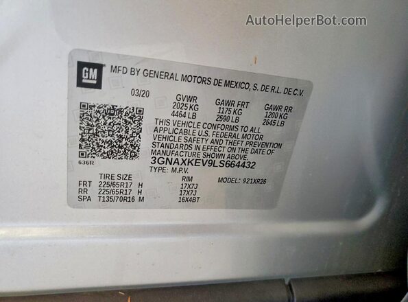 3GNAXKEV9LS664432 2020 CHEVROLET EQUINOX Silver 360 interior view