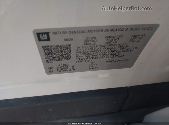 3GNAXKEV9LS723530 2020 CHEVROLET EQUINOX White Widok komory silnika